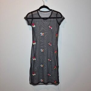 90s Revival Mesh T Shirt Dress Embroidered Flowers Grunge Wimsigoth Quirky Sz XS